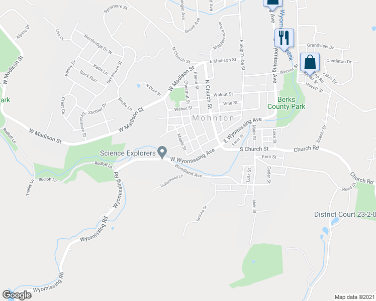 map of restaurants, bars, coffee shops, grocery stores, and more near 11 Maple Street in Mohnton