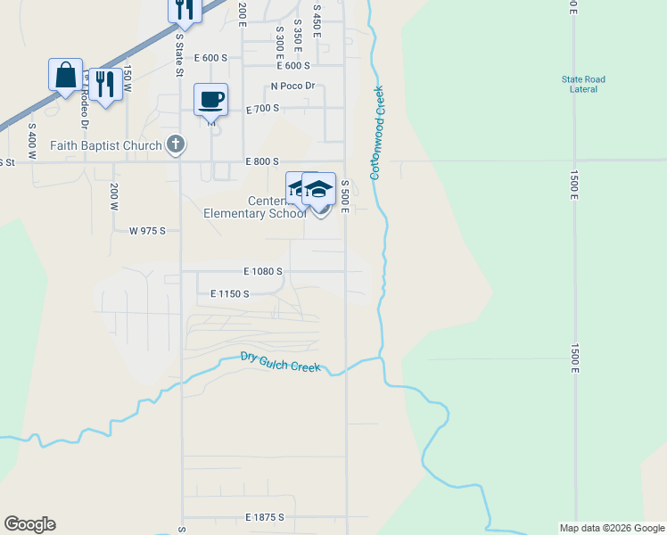 map of restaurants, bars, coffee shops, grocery stores, and more near 461 East 1080 South in Roosevelt