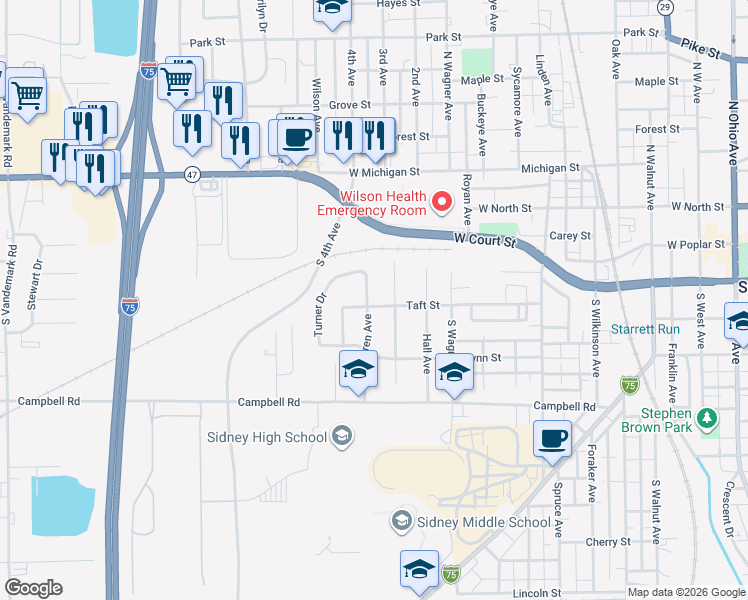 map of restaurants, bars, coffee shops, grocery stores, and more near 215 Karen Avenue in Sidney