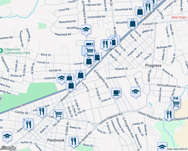 map of restaurants, bars, coffee shops, grocery stores, and more near 3208 Hetrick Drive in Harrisburg