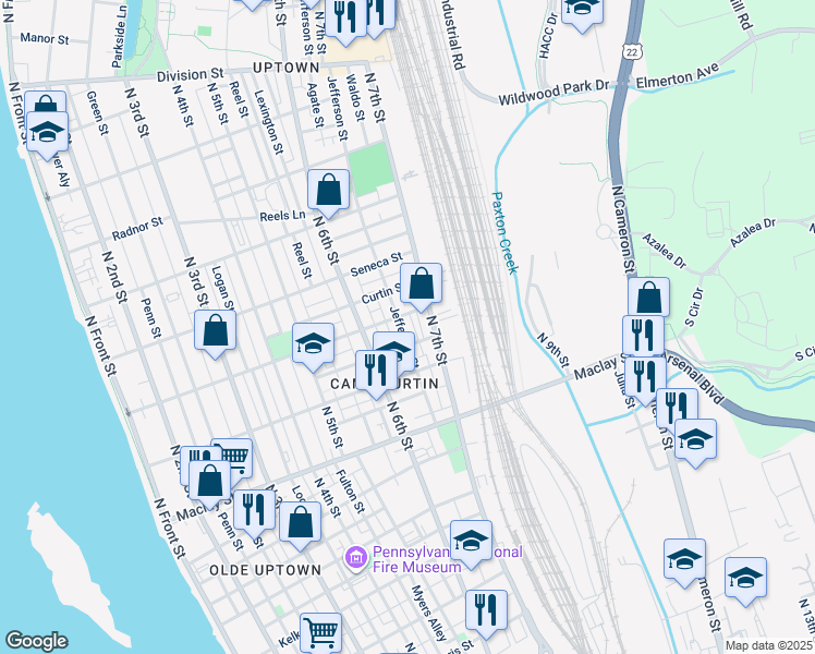 map of restaurants, bars, coffee shops, grocery stores, and more near 2249 Jefferson Street in Harrisburg