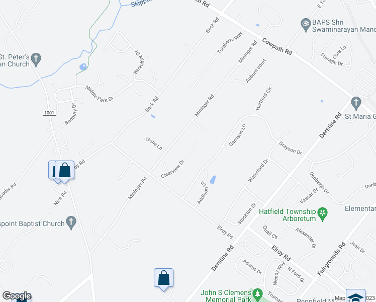 map of restaurants, bars, coffee shops, grocery stores, and more near 523 Clearview Drive in Souderton