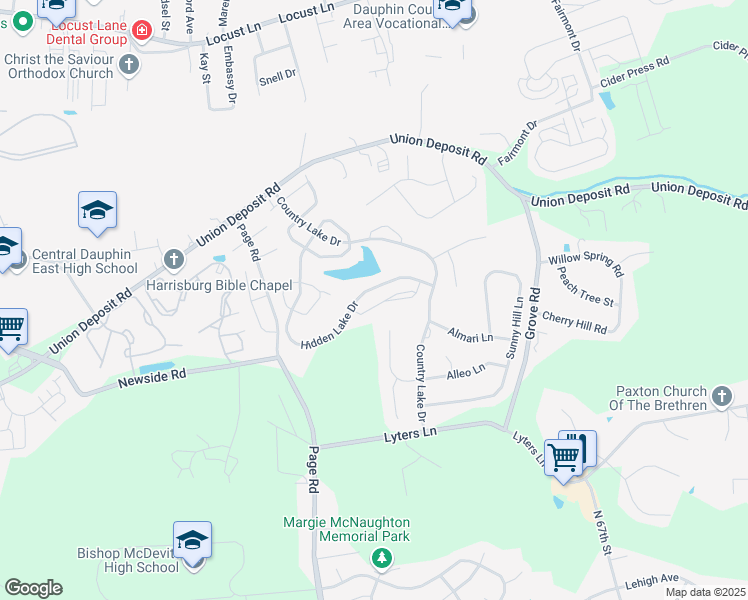 map of restaurants, bars, coffee shops, grocery stores, and more near 5805 Hidden Lake Drive in Harrisburg