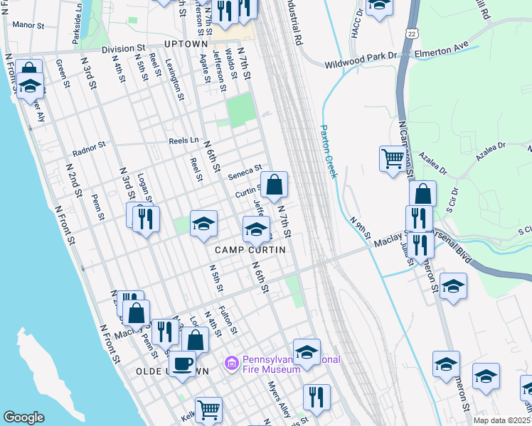 map of restaurants, bars, coffee shops, grocery stores, and more near 2249 Jefferson Street in Harrisburg