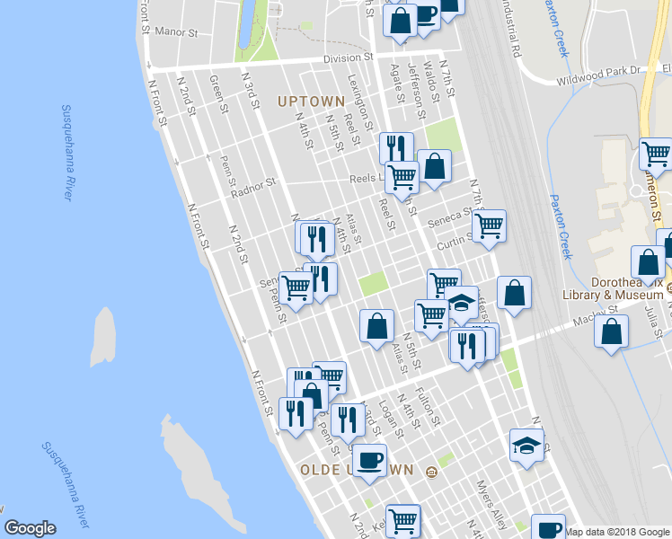 map of restaurants, bars, coffee shops, grocery stores, and more near 2351 Logan Street in Harrisburg