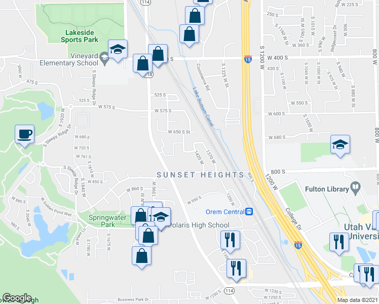 map of restaurants, bars, coffee shops, grocery stores, and more near 1466 West 730 South Street in Orem