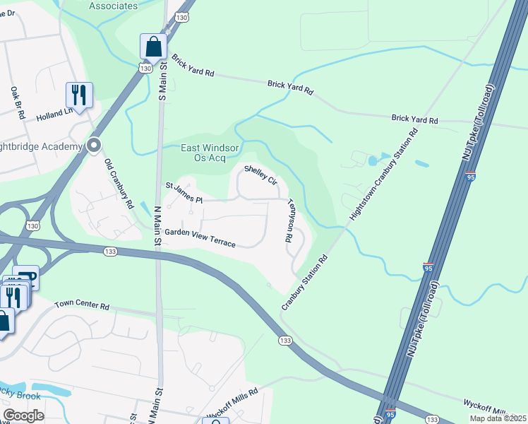 map of restaurants, bars, coffee shops, grocery stores, and more near 58 Garden View Terrace in East Windsor