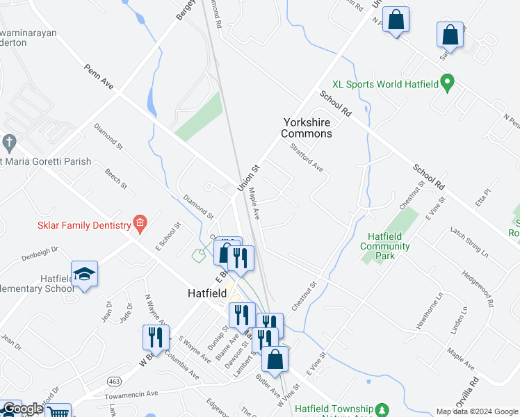 map of restaurants, bars, coffee shops, grocery stores, and more near 24 Roosevelt Avenue in Hatfield