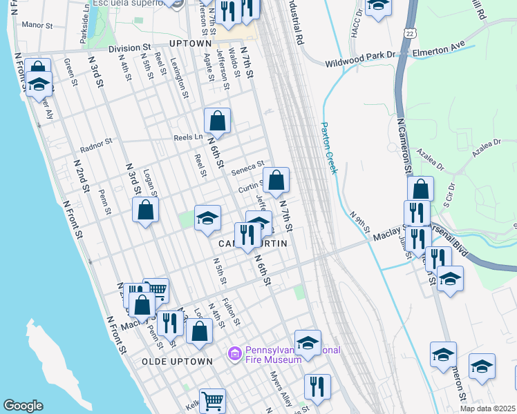 map of restaurants, bars, coffee shops, grocery stores, and more near 614 Emerald Street in Harrisburg