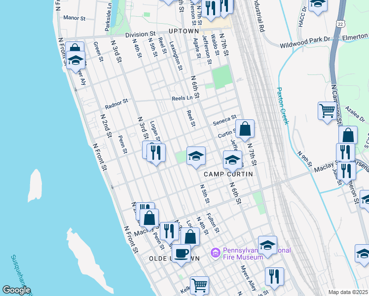 map of restaurants, bars, coffee shops, grocery stores, and more near 502 Curtin Street in Harrisburg