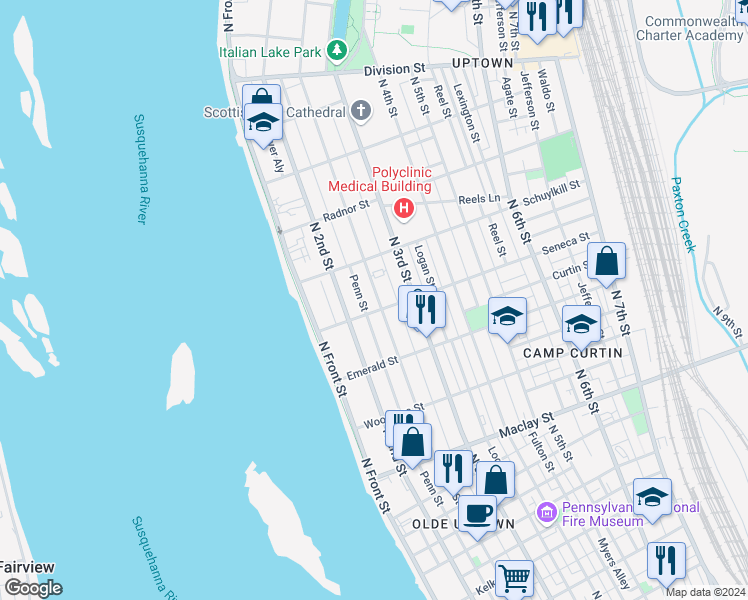 map of restaurants, bars, coffee shops, grocery stores, and more near 248 Seneca Street in Harrisburg