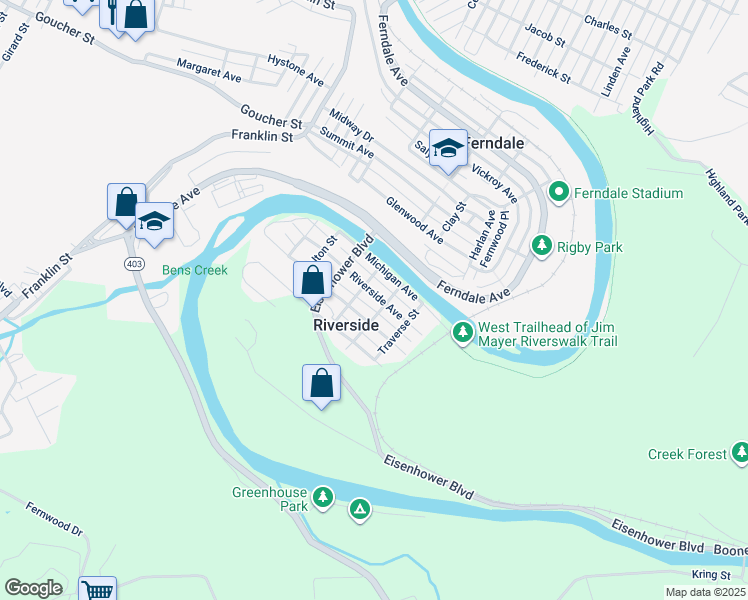 map of restaurants, bars, coffee shops, grocery stores, and more near 509 Riverside Avenue in Johnstown