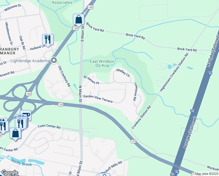 map of restaurants, bars, coffee shops, grocery stores, and more near 23 Old Millstone Drive in East Windsor