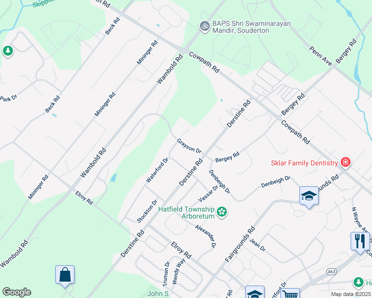 map of restaurants, bars, coffee shops, grocery stores, and more near 1303 Grayson Drive in Souderton