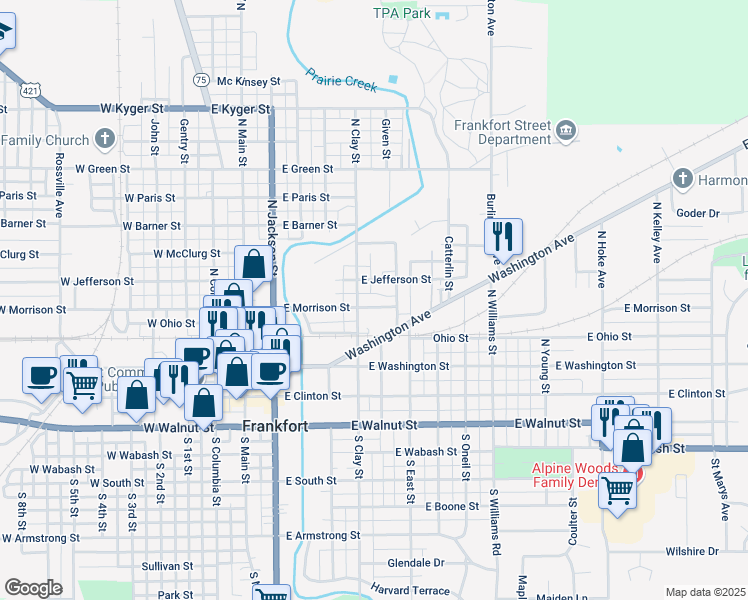map of restaurants, bars, coffee shops, grocery stores, and more near 552 East Morrison Street in Frankfort
