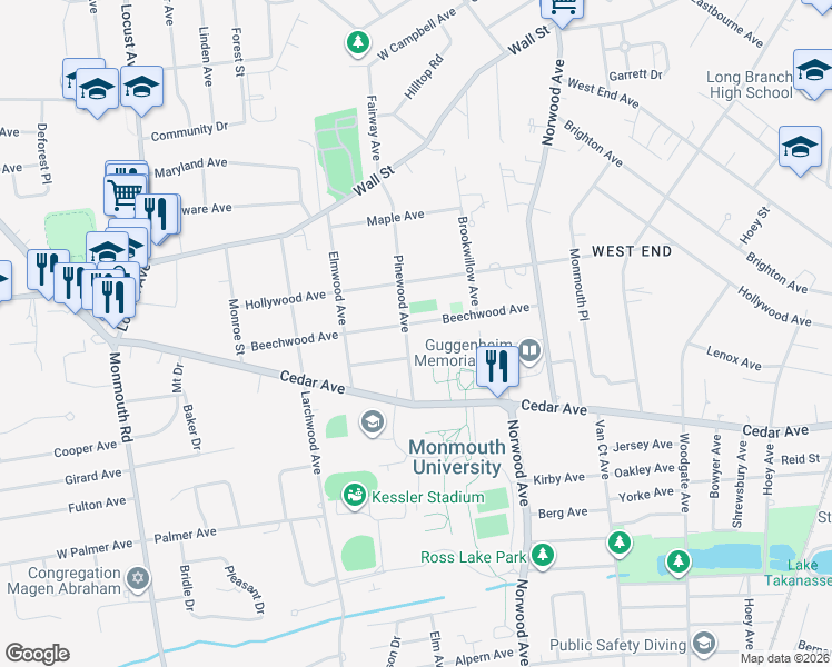 map of restaurants, bars, coffee shops, grocery stores, and more near 68 Pinewood Avenue in West Long Branch