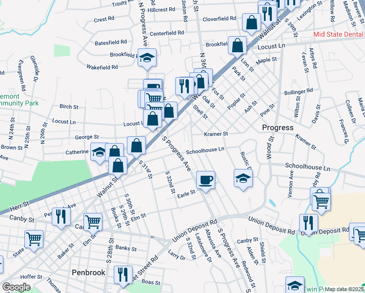 map of restaurants, bars, coffee shops, grocery stores, and more near 160S South Progress Avenue in Harrisburg