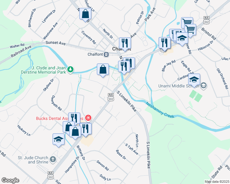 map of restaurants, bars, coffee shops, grocery stores, and more near 4 South Limekiln Pike in Chalfont