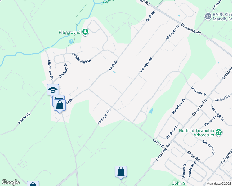 map of restaurants, bars, coffee shops, grocery stores, and more near 101 Leslie Lane in Souderton