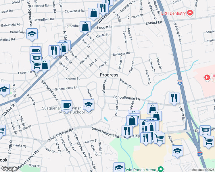 map of restaurants, bars, coffee shops, grocery stores, and more near 508 Wood St in Harrisburg