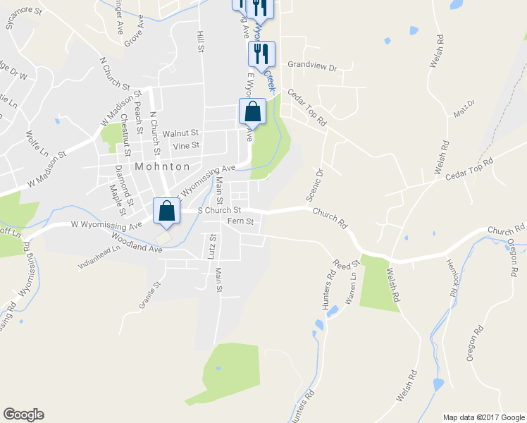 map of restaurants, bars, coffee shops, grocery stores, and more near 205 South Church Street in Mohnton