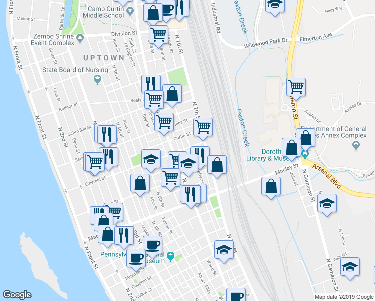 map of restaurants, bars, coffee shops, grocery stores, and more near 633 Emerald Street in Harrisburg