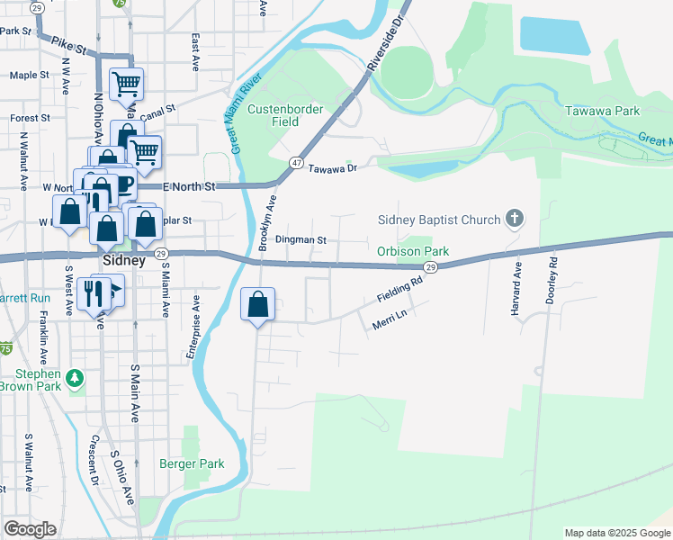 map of restaurants, bars, coffee shops, grocery stores, and more near 801 East Court Street in Sidney