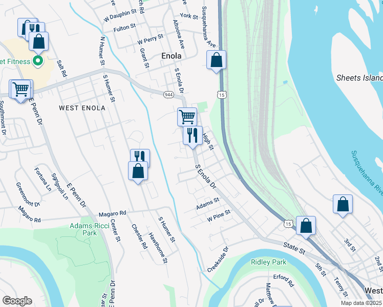map of restaurants, bars, coffee shops, grocery stores, and more near 173 South Enola Drive in Enola