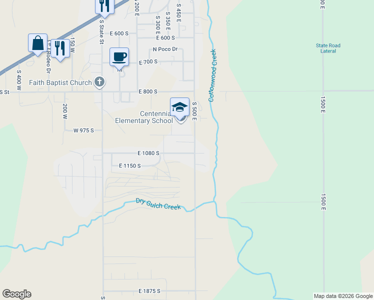 map of restaurants, bars, coffee shops, grocery stores, and more near 461 East 1080 South in Roosevelt