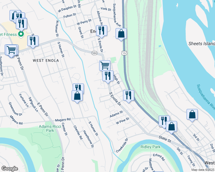 map of restaurants, bars, coffee shops, grocery stores, and more near 173 South Enola Drive in Enola