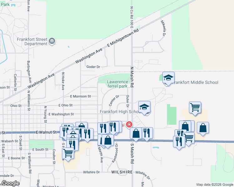 map of restaurants, bars, coffee shops, grocery stores, and more near 800 Center Drive in Frankfort