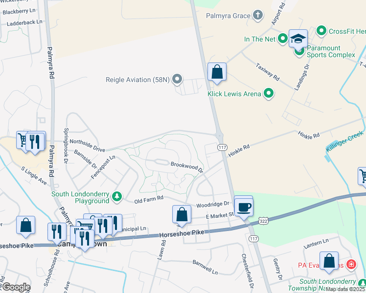 map of restaurants, bars, coffee shops, grocery stores, and more near 79 Harvest Mill Lane in Palmyra