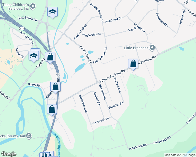 map of restaurants, bars, coffee shops, grocery stores, and more near 92 Sauerman Road in Doylestown