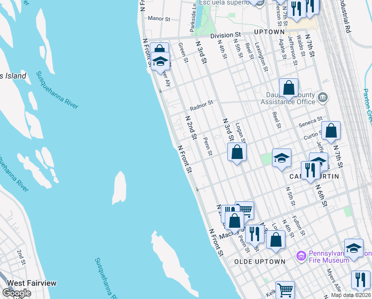 map of restaurants, bars, coffee shops, grocery stores, and more near 2415 North Front Street in Harrisburg