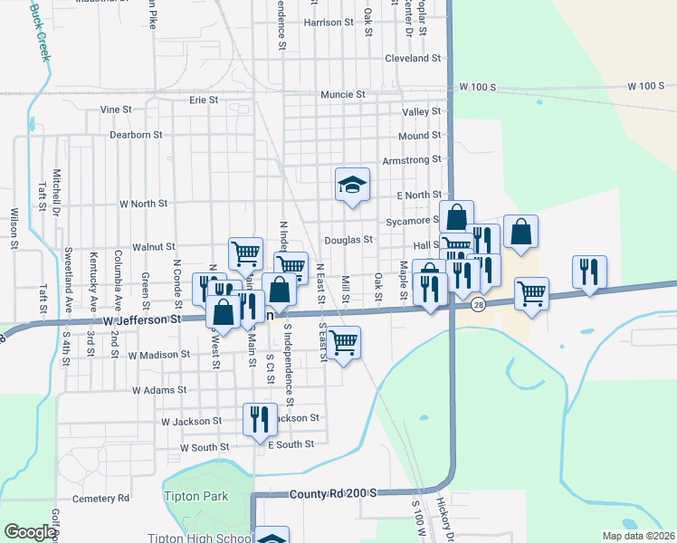 map of restaurants, bars, coffee shops, grocery stores, and more near 210 Mill Street in Tipton