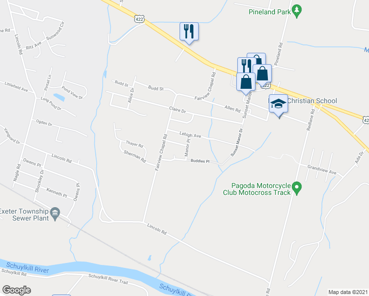 map of restaurants, bars, coffee shops, grocery stores, and more near 504 Manor Place in Birdsboro