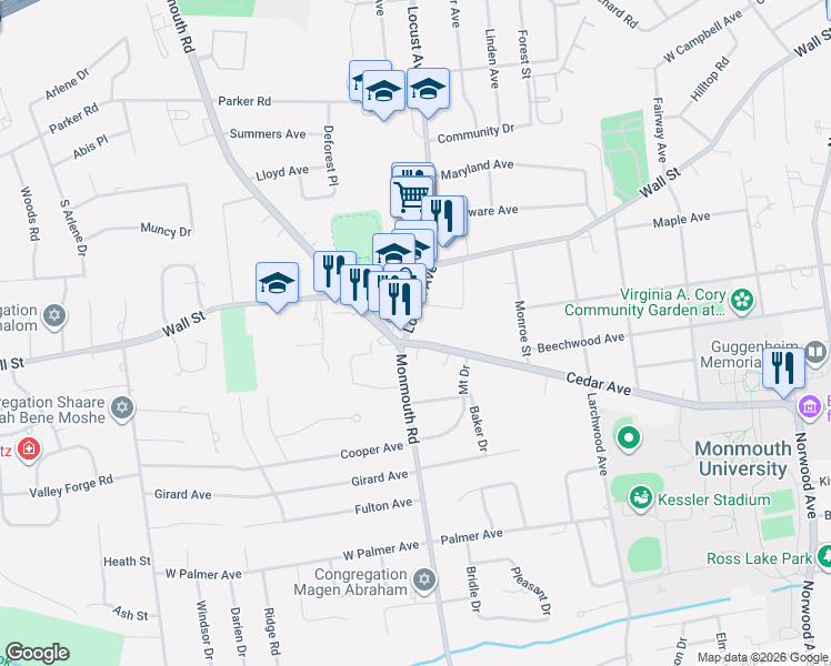 map of restaurants, bars, coffee shops, grocery stores, and more near 573 Cedar Avenue in West Long Branch