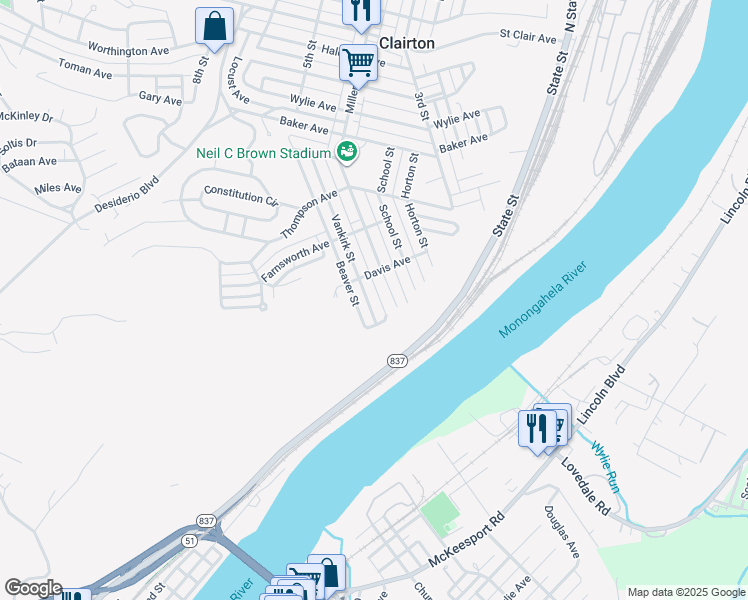 map of restaurants, bars, coffee shops, grocery stores, and more near 927 Miller Avenue in Clairton