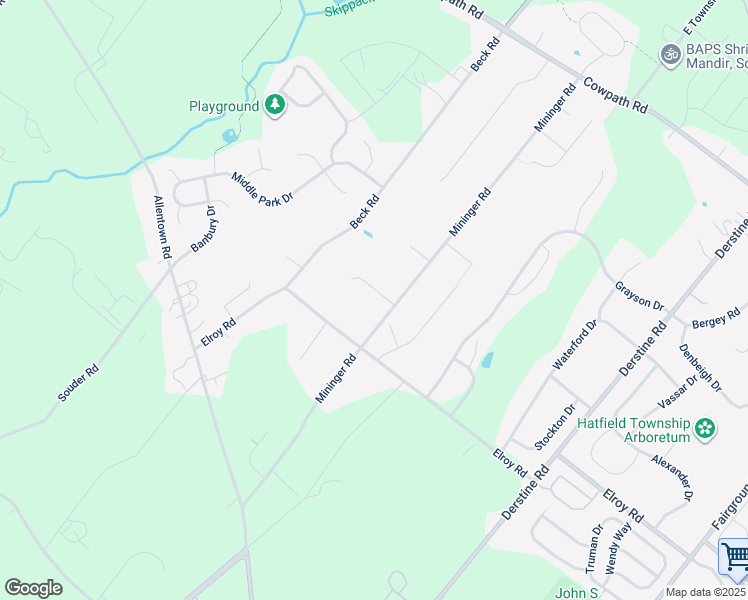map of restaurants, bars, coffee shops, grocery stores, and more near 101 Leslie Lane in Souderton