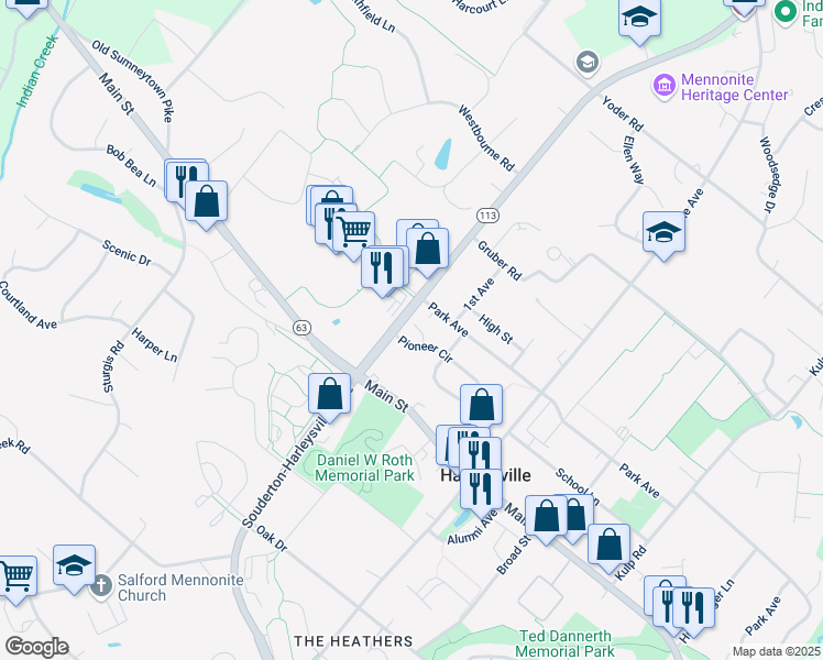 map of restaurants, bars, coffee shops, grocery stores, and more near 585 Pioneer Circle in Harleysville