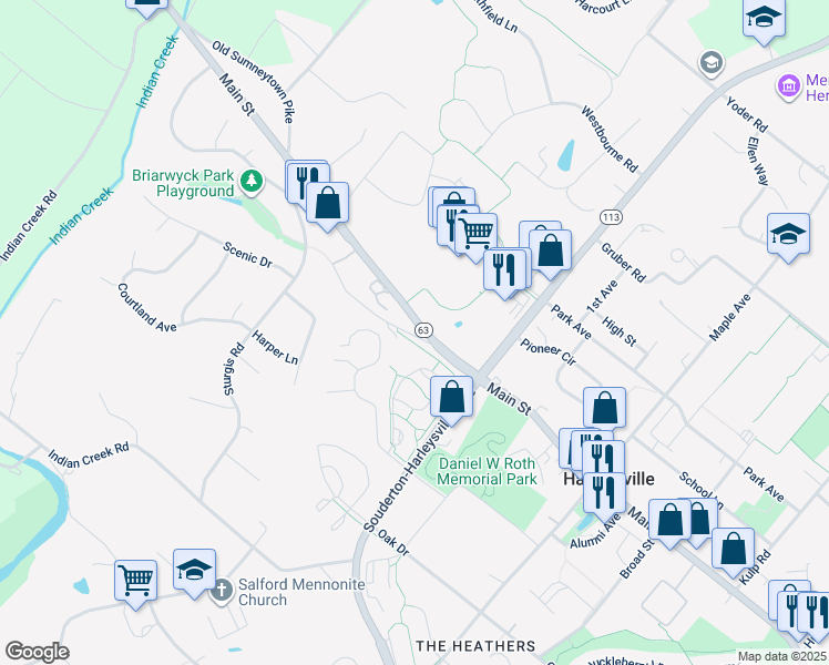 map of restaurants, bars, coffee shops, grocery stores, and more near 635 Old Sumneytown Pike in Harleysville