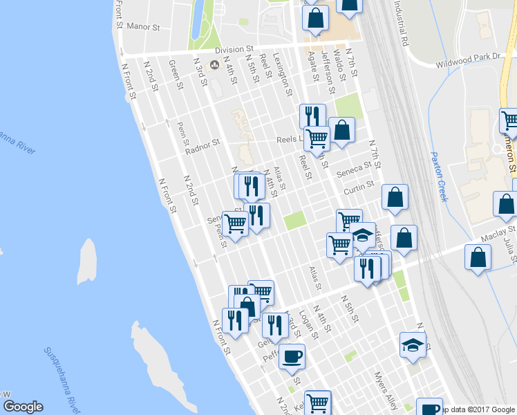 map of restaurants, bars, coffee shops, grocery stores, and more near 317 Seneca Street in Harrisburg