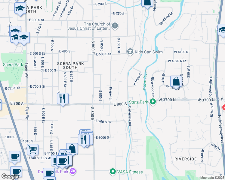 map of restaurants, bars, coffee shops, grocery stores, and more near 715 South 900 East Street in Orem
