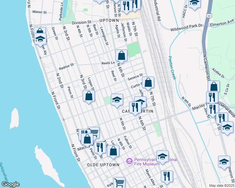 map of restaurants, bars, coffee shops, grocery stores, and more near 517 Curtin Street in Harrisburg