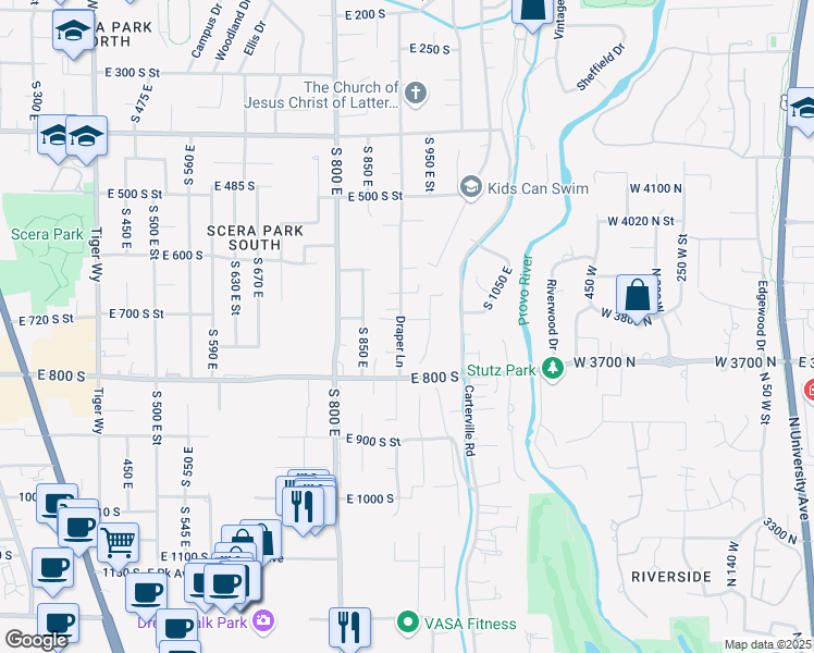 map of restaurants, bars, coffee shops, grocery stores, and more near 715 South 900 East Street in Orem