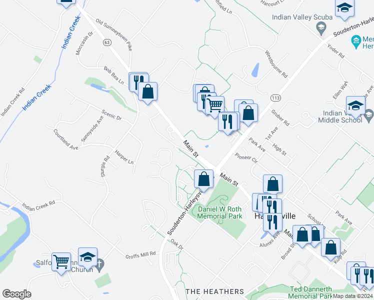 map of restaurants, bars, coffee shops, grocery stores, and more near 635 Old Sumneytown Pike in Harleysville