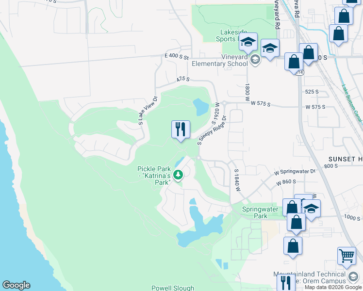 map of restaurants, bars, coffee shops, grocery stores, and more near 730 South Sleepy Ridge Drive in Orem