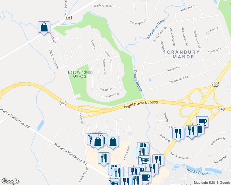 map of restaurants, bars, coffee shops, grocery stores, and more near 91 Aristotle Way in East Windsor