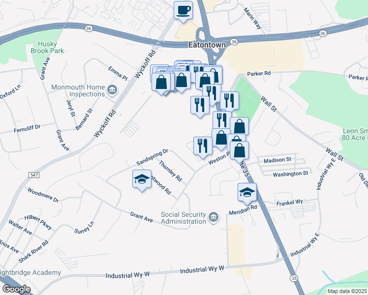 map of restaurants, bars, coffee shops, grocery stores, and more near 24 Scheri Lane in Eatontown