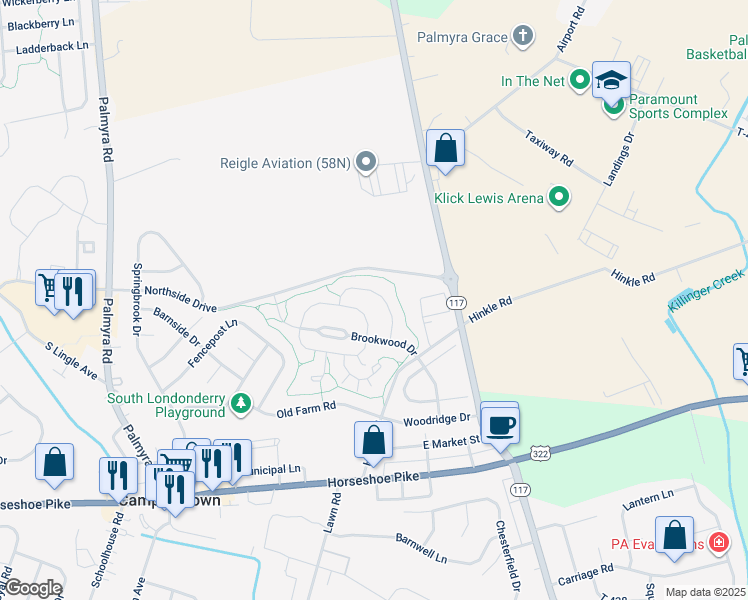 map of restaurants, bars, coffee shops, grocery stores, and more near 83 Harvest Mill Lane in Palmyra